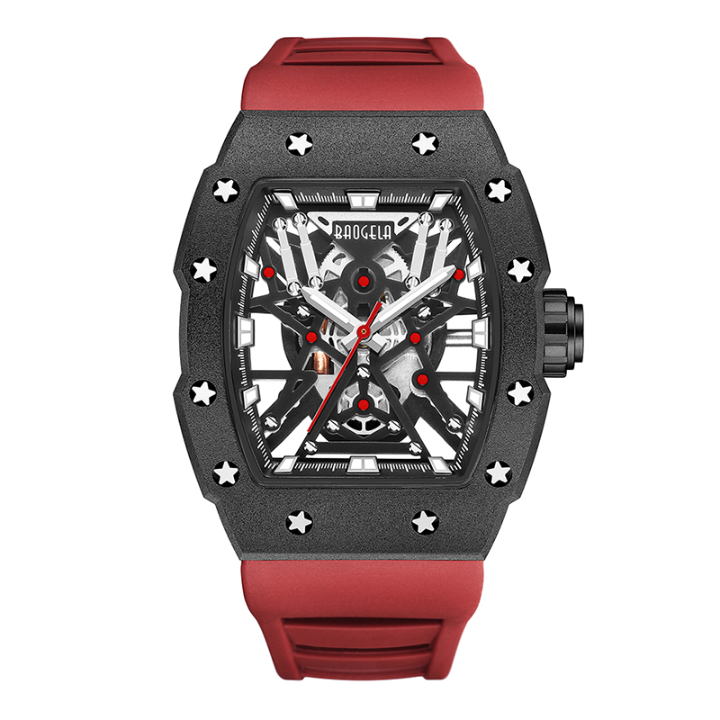 Baogela Top Brand Dominante Tonneau Mecánico Estilo industrial Skeleton Luminoso Wating Sports Watches Steel Silicone Watch 4147