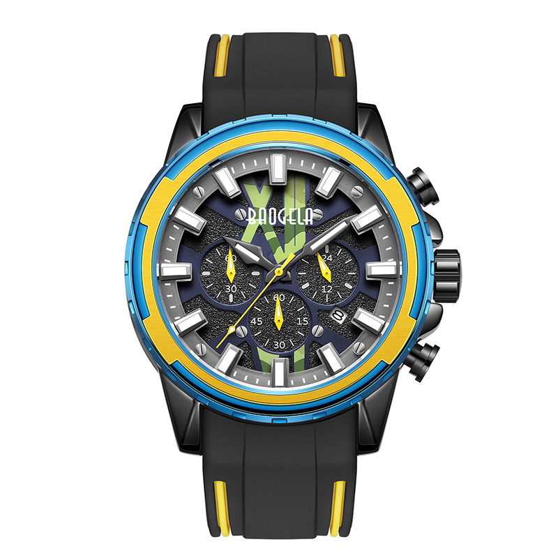 Baogela New Watches Men Correa de goma inoxidable Reloj azul para el hombre de lujo impermeable cronógrafo Wallwatch Luminous Relogio 22601