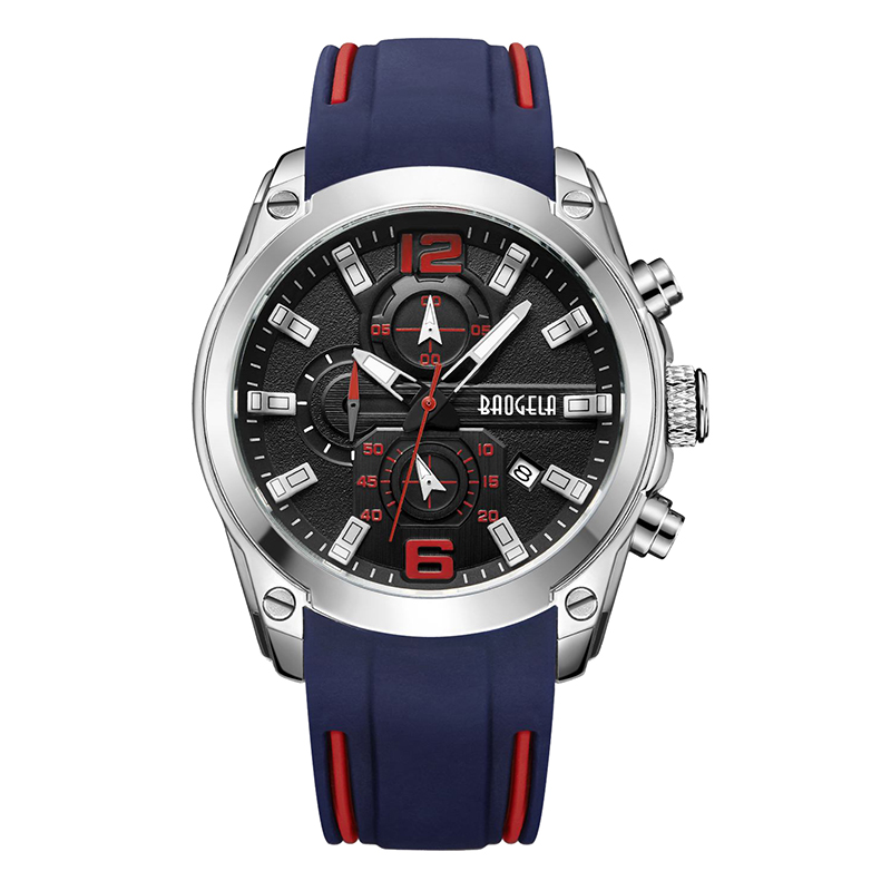 Reloj de cuarzo analógico de cronógrafo Baogela con manos luminosas impermeables con correa de goma de silicona para el hombre azul 22609